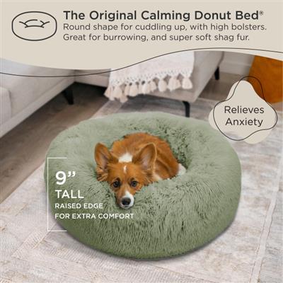 Original Calming Shag Donut Dog Bed – Sage, Cozy Self-Warming Pet Bed